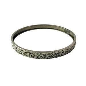 Vintage Floral Engraved Hinged Bangle Bracelet Antique Design Silver tone